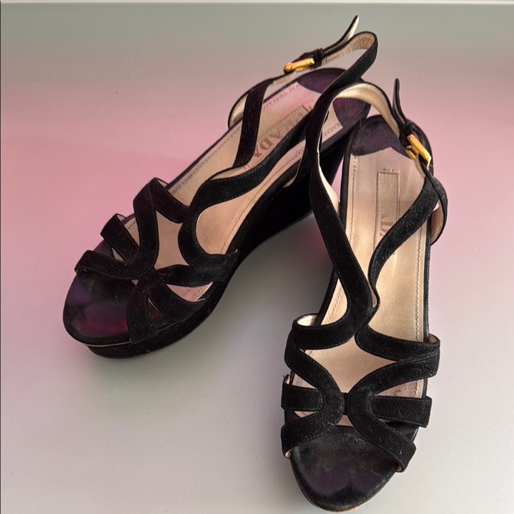 Prada Black Wedge Shoes with Strappy Design